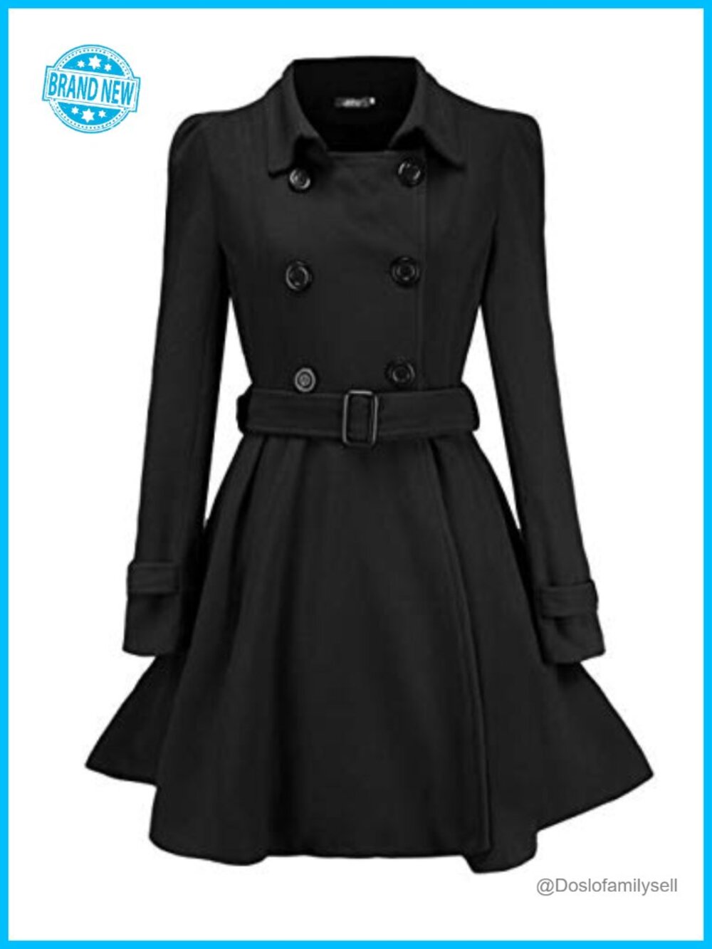 Wool Blend Double Breasted Trench Coat Belted A-Line Winter Peacoat